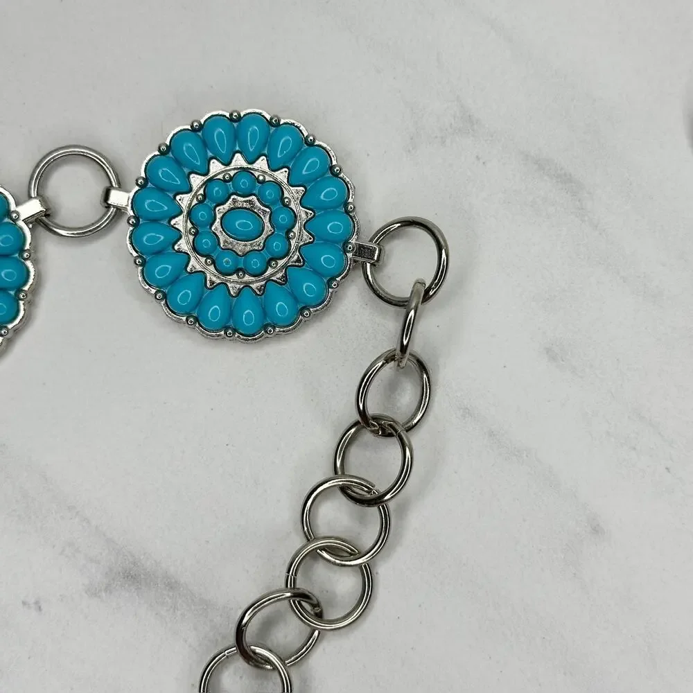 Chunky Blue Studded Concho Silver Chain Belt XS/Small (XS/S) Western Statement ✨